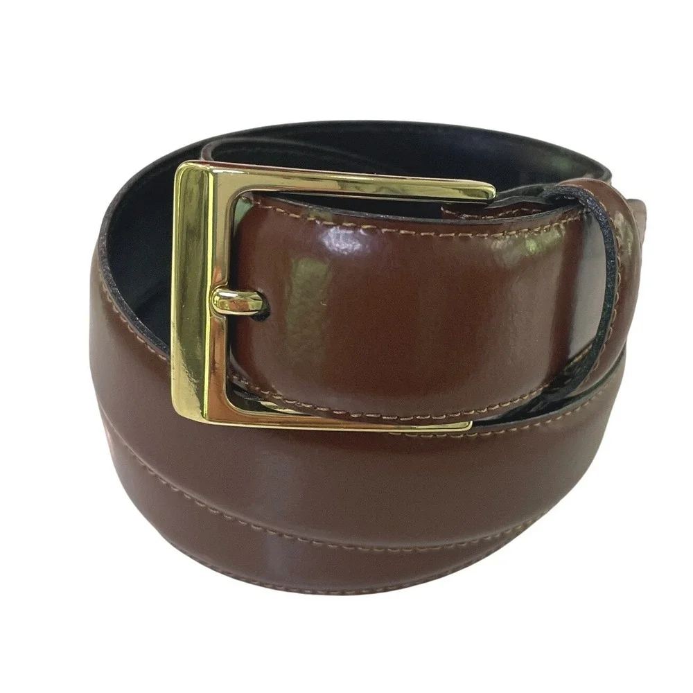 Mens Italian Leather Belt Gold Buckle 38 Brown Dress Classic Old Money Corporate